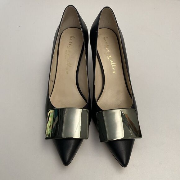 Bettye Muller Pump Black Leather Point Toe Slim 2.5" Heel Green Plate 6.5 - Picture 4 of 11